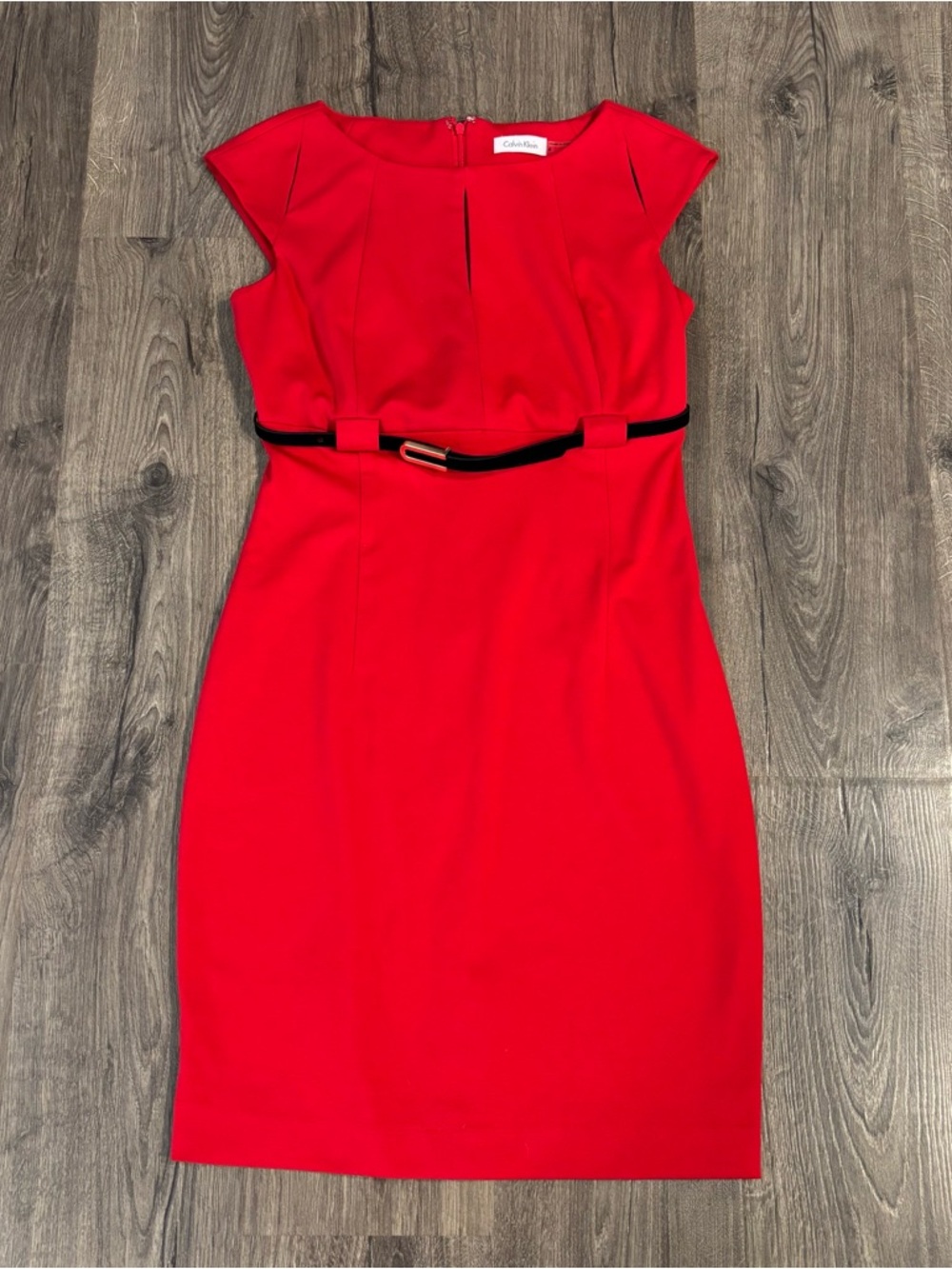 Calvin Klein Women's Red Short Cap Sleeve Dress with Black Belted Waist Sz 6